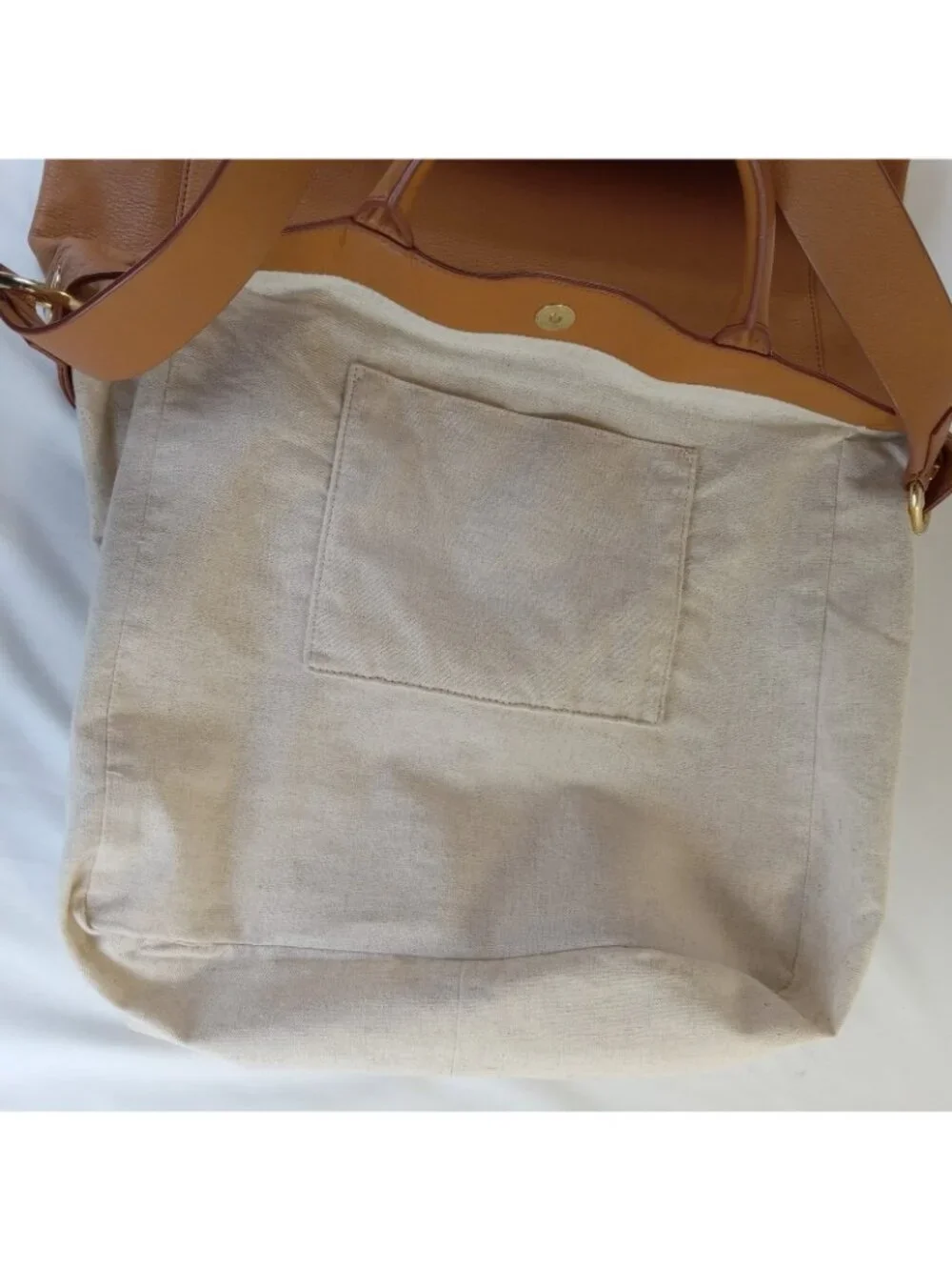 Mark & Graham Camel Leather Tote Bag Tan Brown Leather and Twill Straps 13x15
